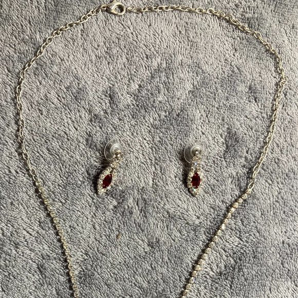 Faux Ruby and Diamond Necklace and Earrings - Picture 6 of 9